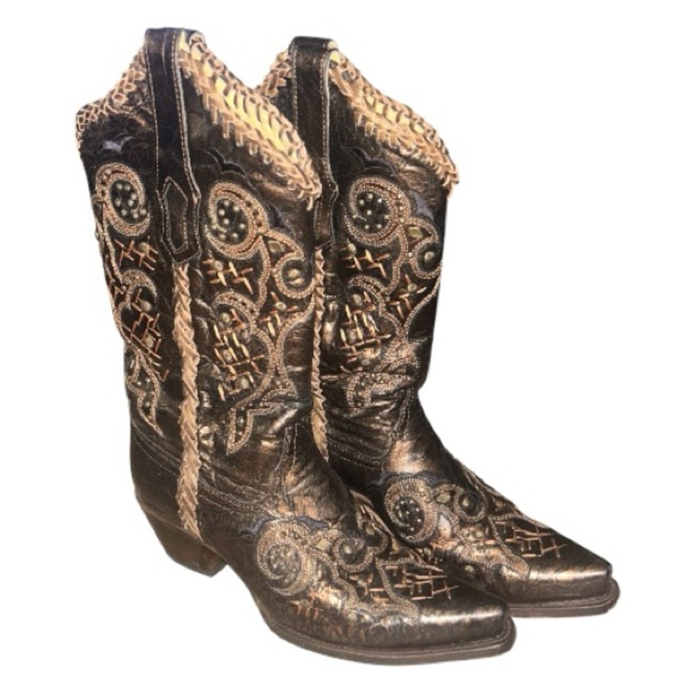 CORRAL Leather Studded Snip Toe Embroidered Cowgirl Boots R1217